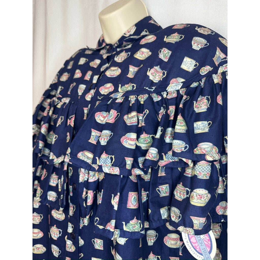 467. Conversation Pieces Teacup Print Button Front Blouse NWT Size L