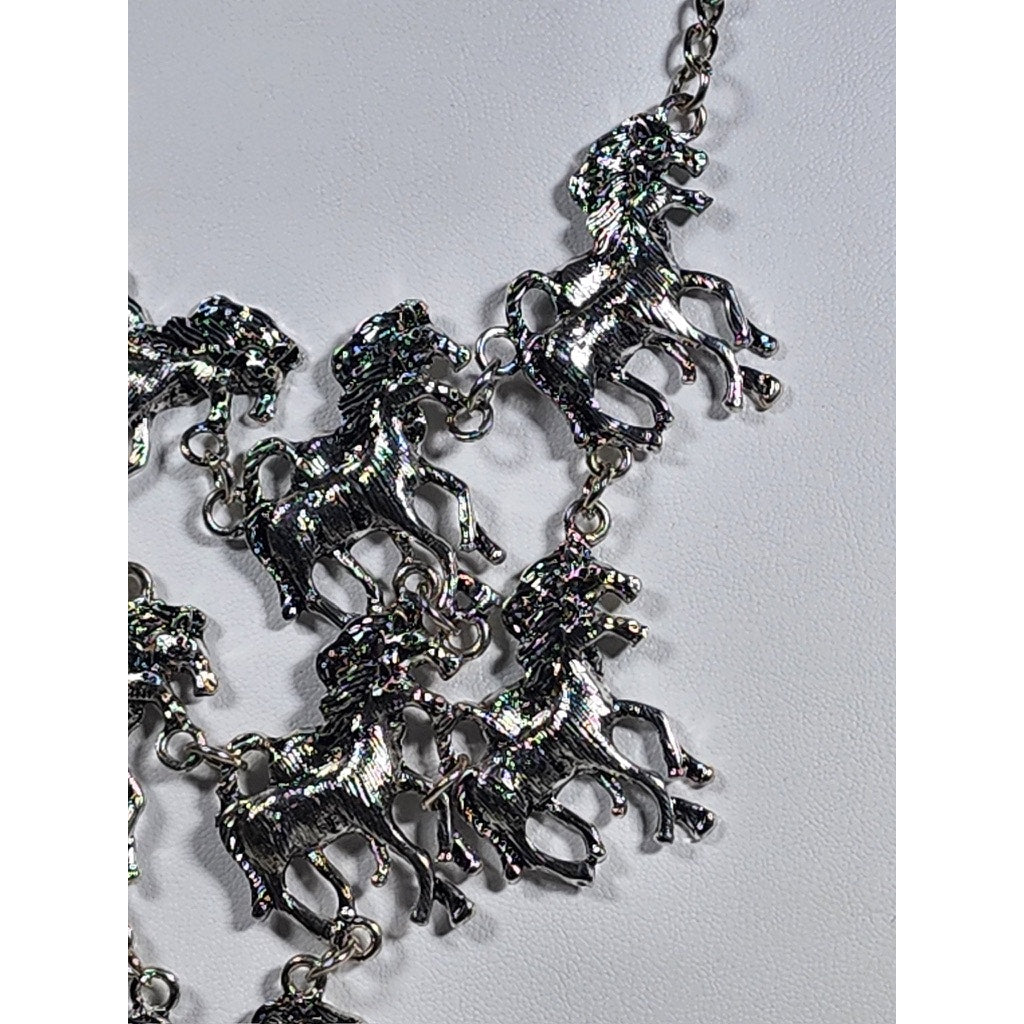 524. Silver Tone Running Horse Statement Necklace & Earrings Set
