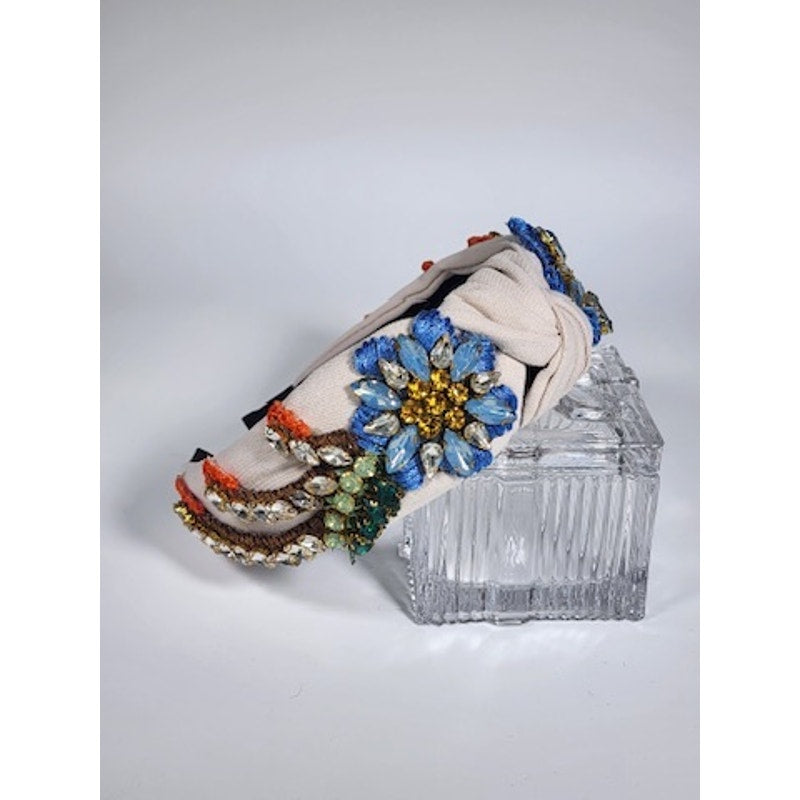 522. Embellished Floral Knotted Headband Blue Multicolor Statement