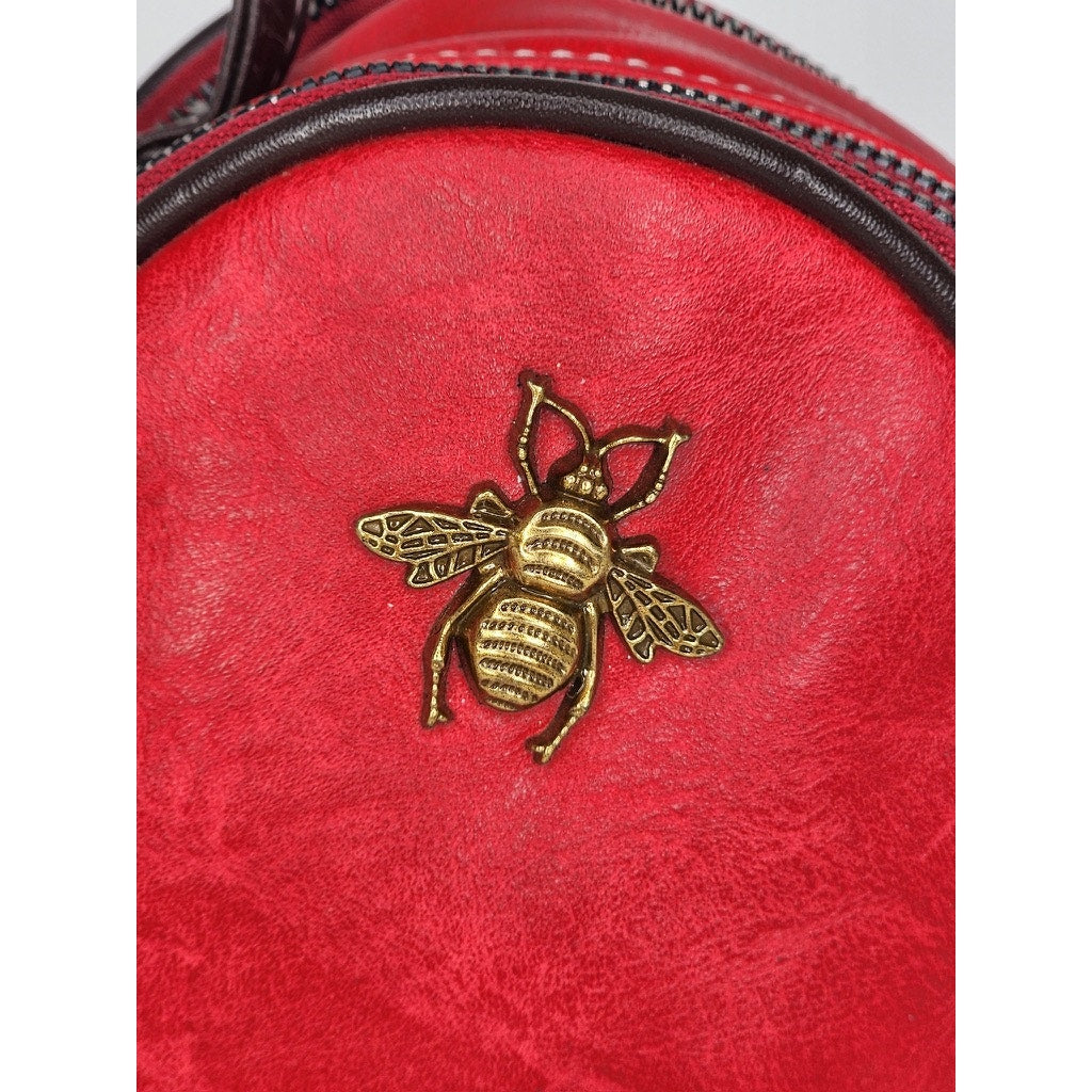 515. Red Faux Leather Bee Mini Backpack 3 Zip Crossbody Bag NWOT