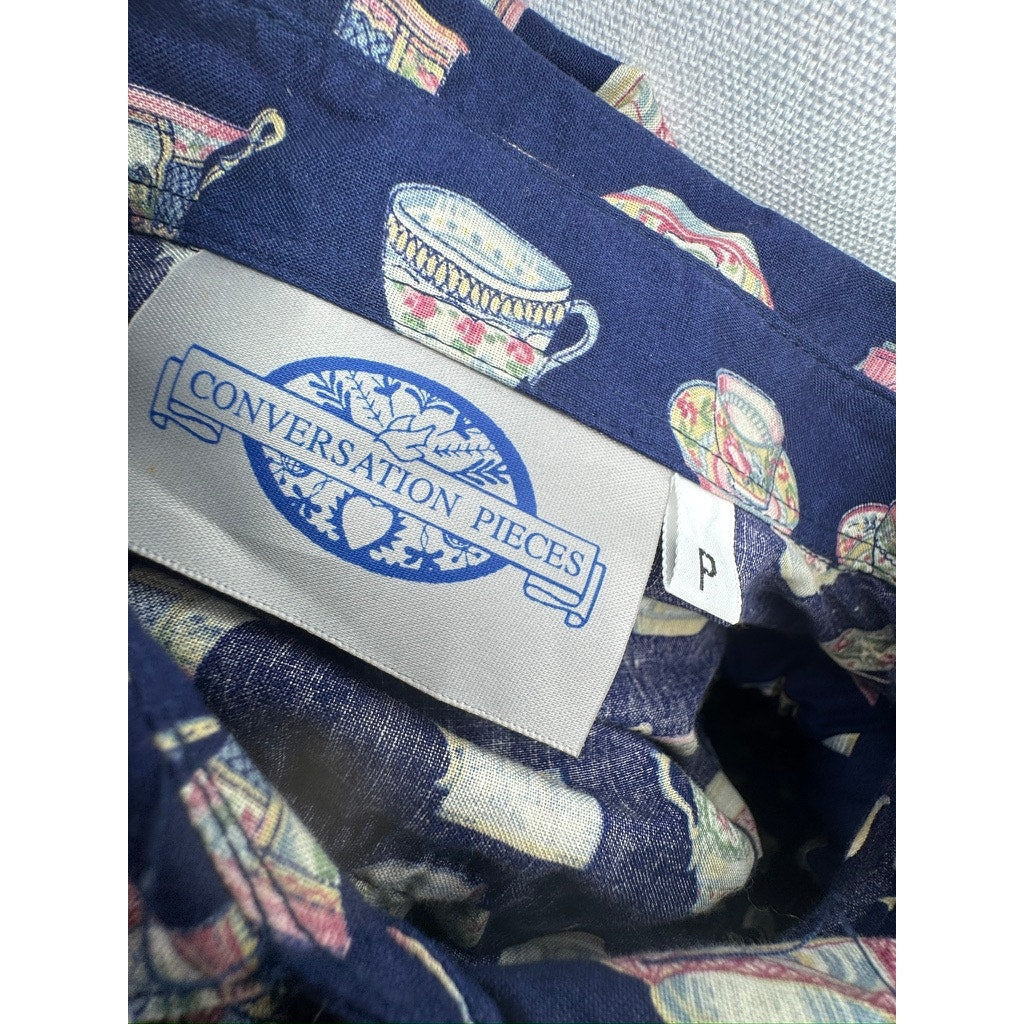 467. Conversation Pieces Teacup Print Button Front Blouse NWT Size L
