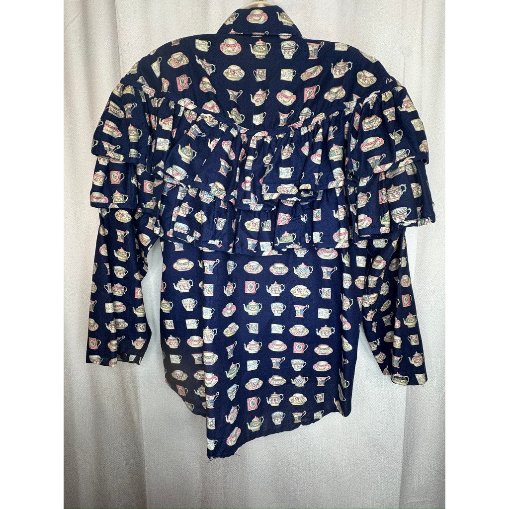 467. Conversation Pieces Teacup Print Button Front Blouse NWT Size L