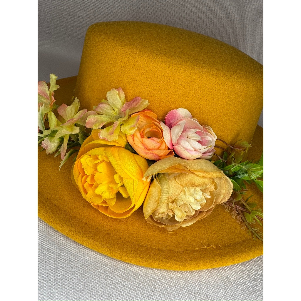 449. Mustard Yellow Floral Derby Boater Hat Wide Brim One Size