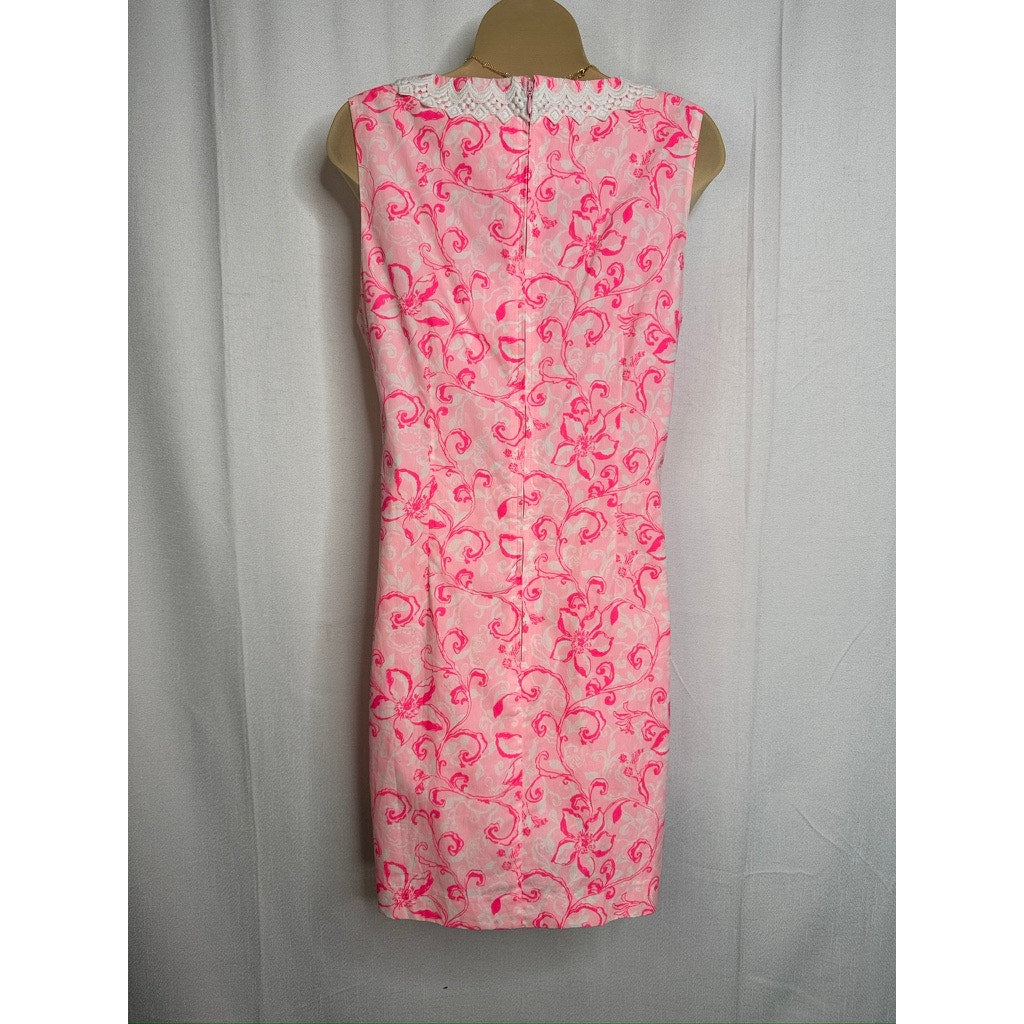 553. Lilly Pulitzer Pink Floral Sleeveless Beautiful Romper with lace trim Size 12