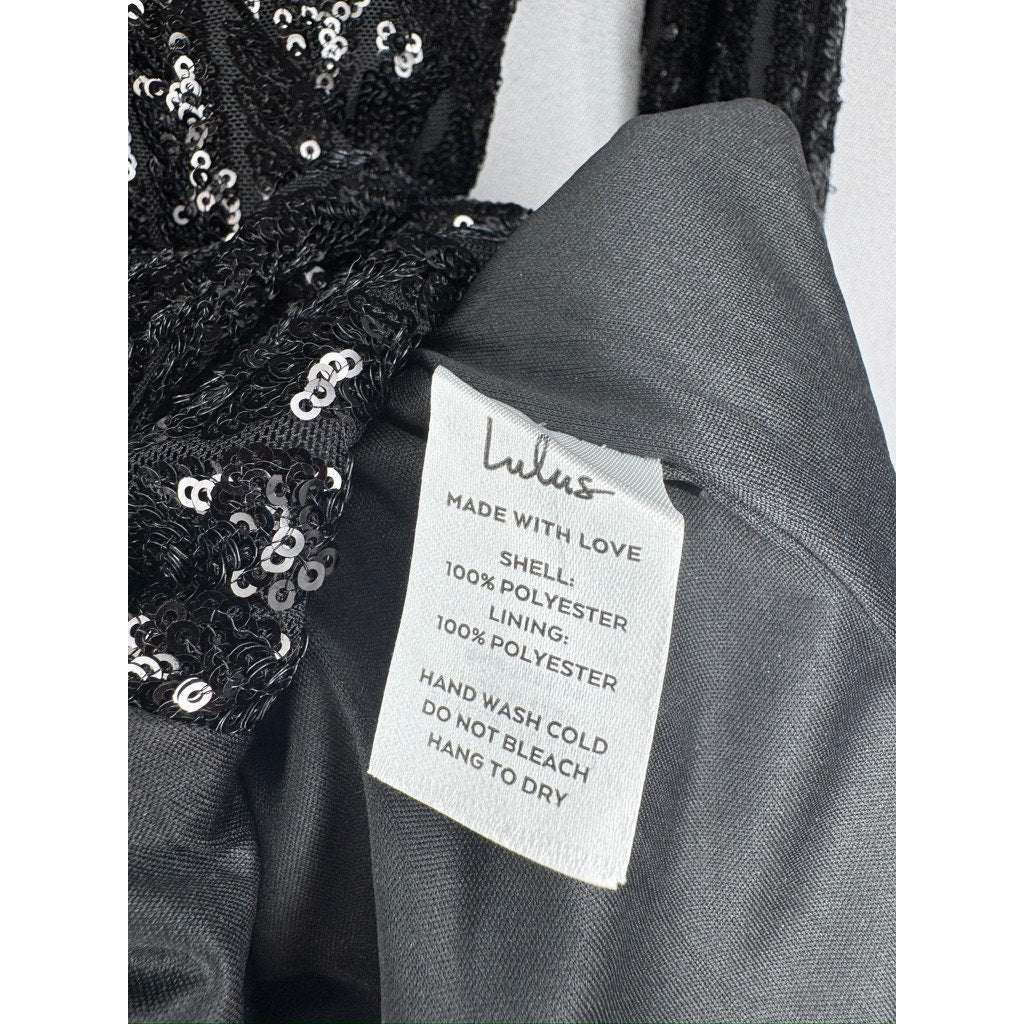 395. Lulu's Black Sequin Plunge V-Neck Long Sleeve Maxi Gown Size M NWT