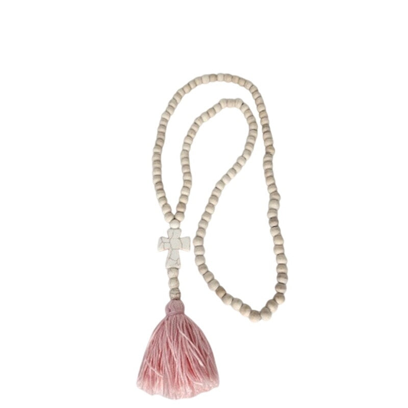 511. Unknown. Wood Bead Cross Tassel Necklace Pink White