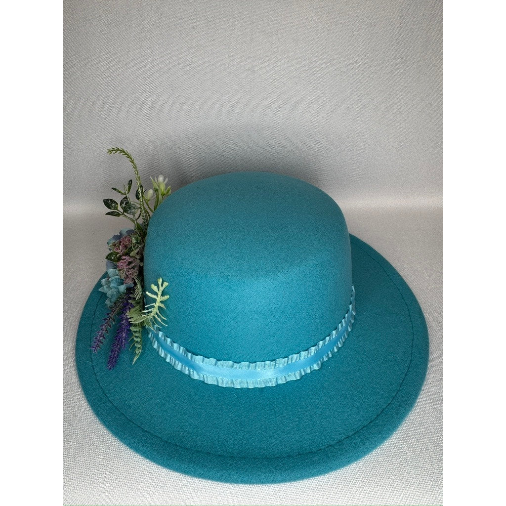 450. Teal Floral Derby Boater Hat Wide Brim One Size