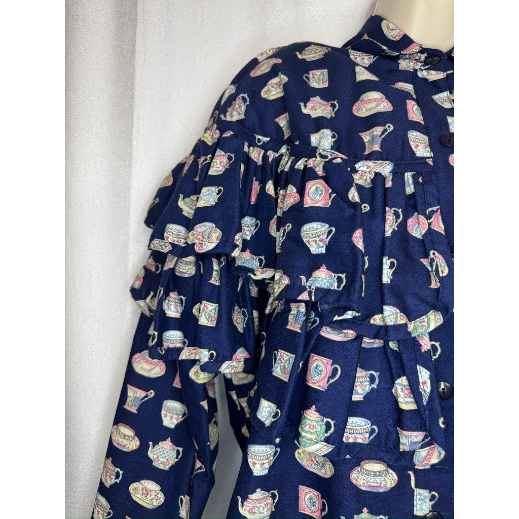 467. Conversation Pieces Teacup Print Button Front Blouse NWT Size L