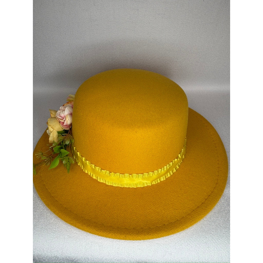 449. Mustard Yellow Floral Derby Boater Hat Wide Brim One Size