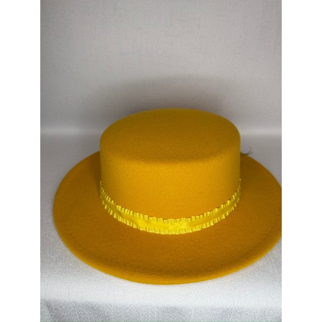 449. Mustard Yellow Floral Derby Boater Hat Wide Brim One Size