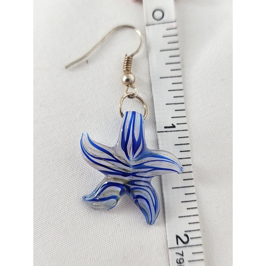 513. Blue White Glass Starfish Pendant Necklace & Earrings Jewelry Set