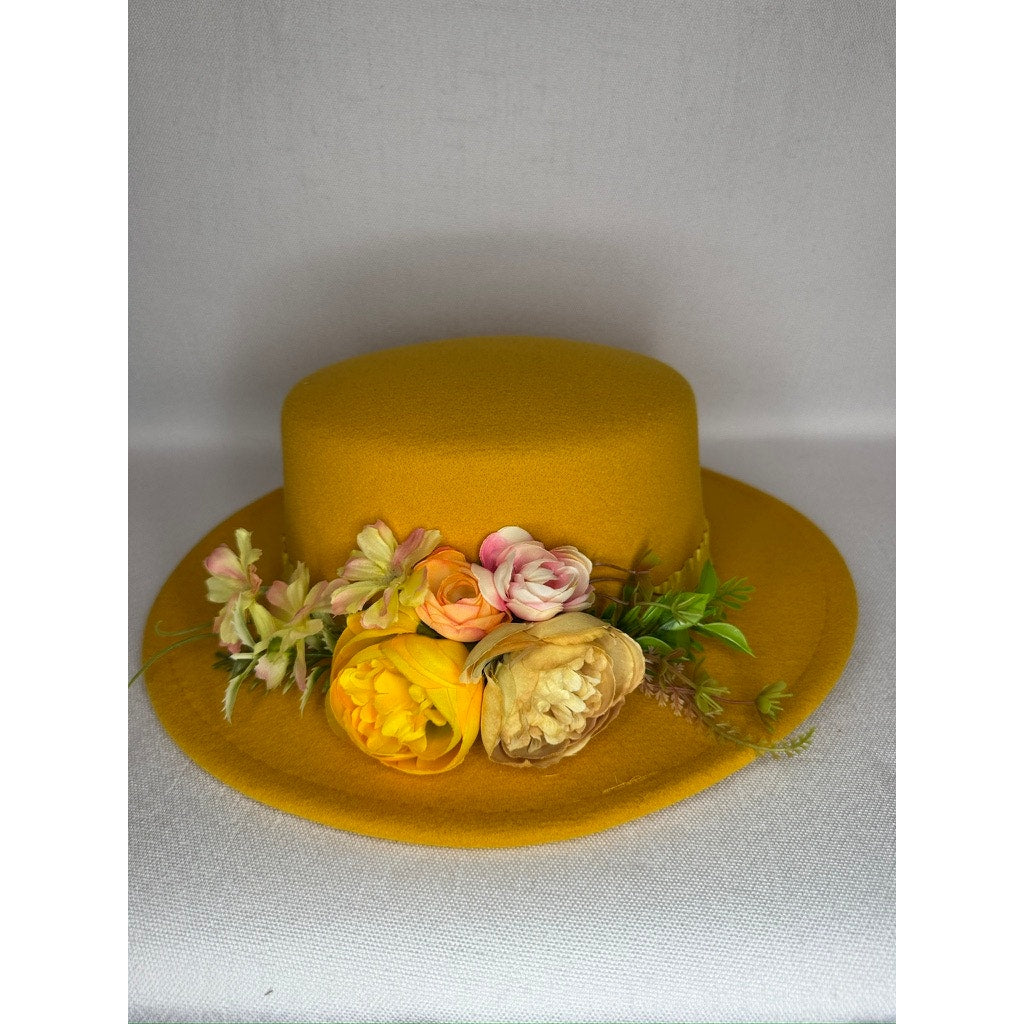 449. Mustard Yellow Floral Derby Boater Hat Wide Brim One Size