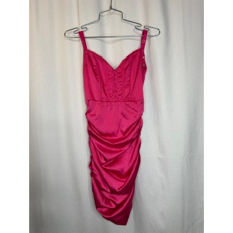 375. Sugar Thrillz Hot Pink Satin Ruched Bodycon Mini Dress Size XXS