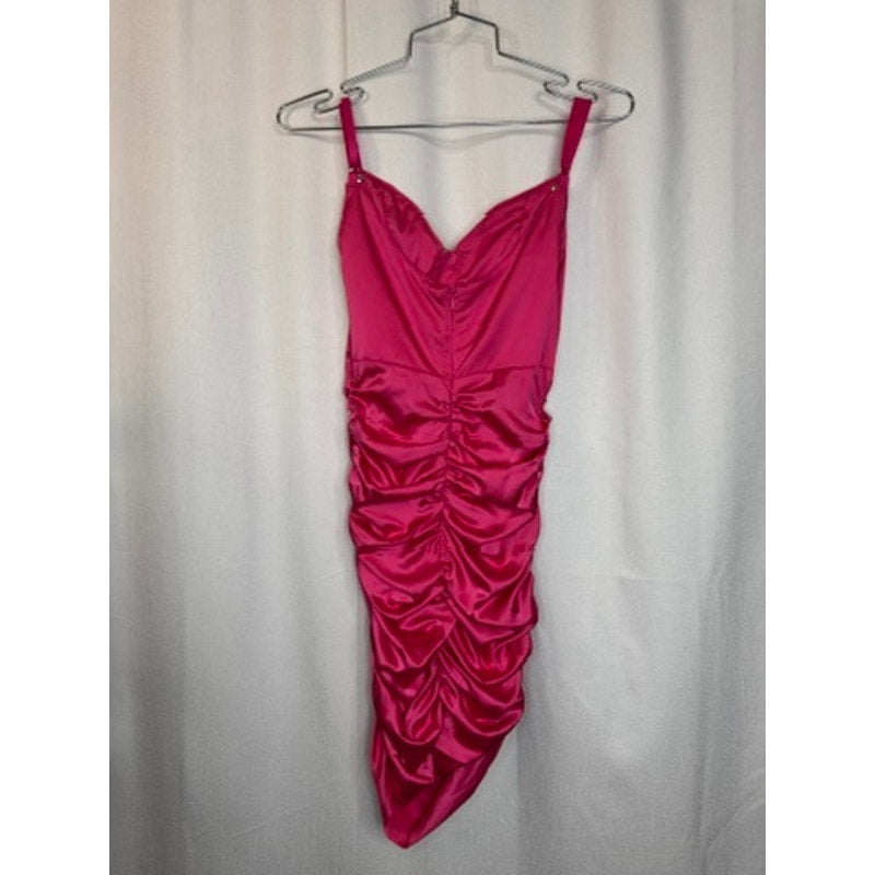 375. Sugar Thrillz Hot Pink Satin Ruched Bodycon Mini Dress Size XXS