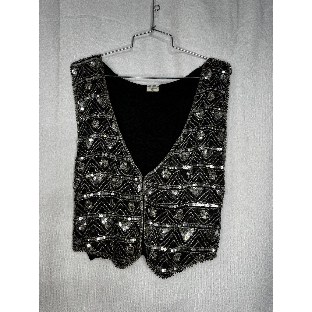 415. Beaded Sequin Silk Vest Size M Black Silver