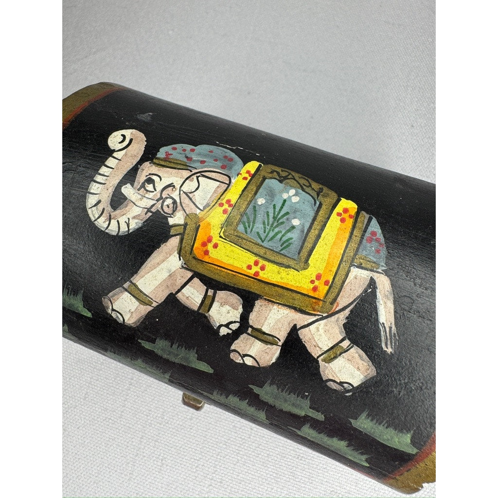 448. Vintage Hand Painted Wooden Elephant Trinket Box Black