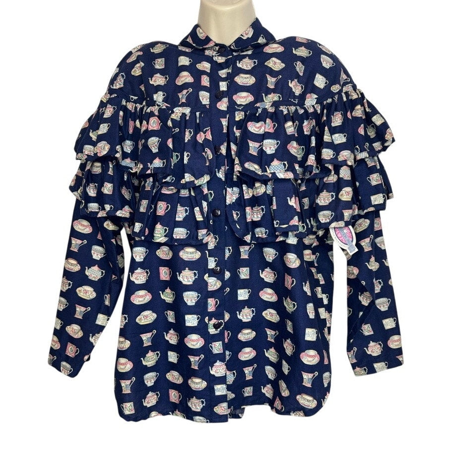 467. Conversation Pieces Teacup Print Button Front Blouse NWT Size L