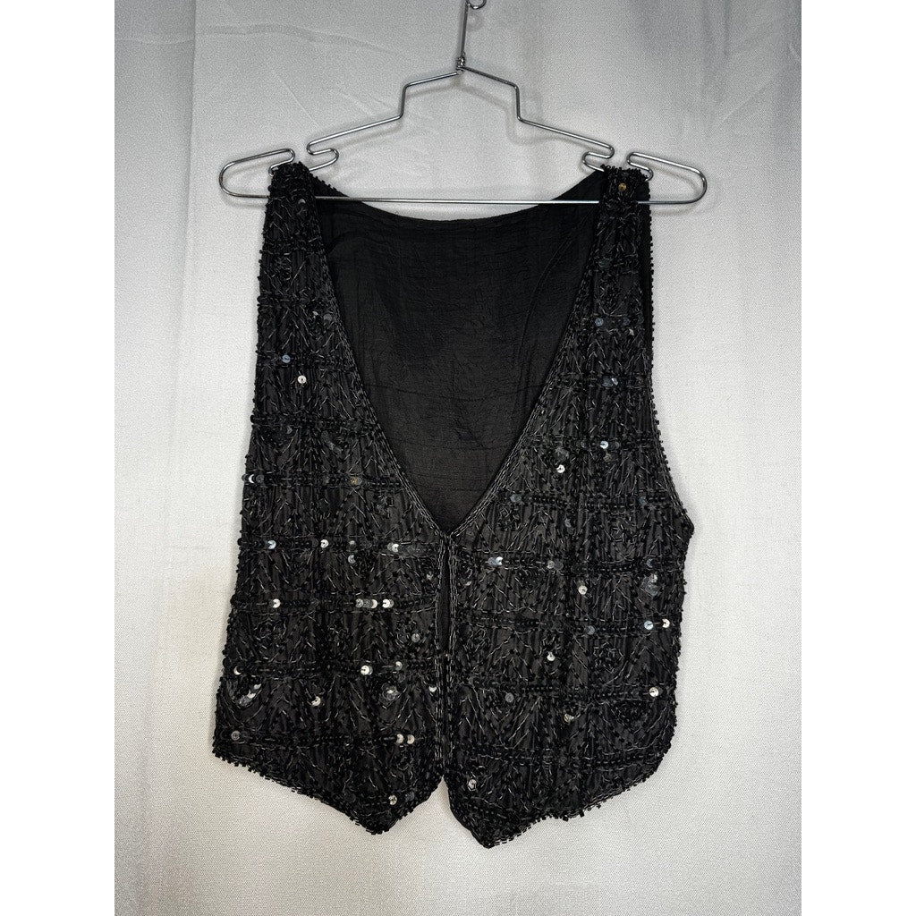 416. Beaded Sequin Silk Vest Hook & Eye Closure Size M