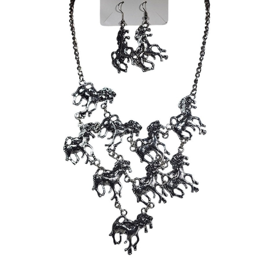 524. Silver Tone Running Horse Statement Necklace & Earrings Set