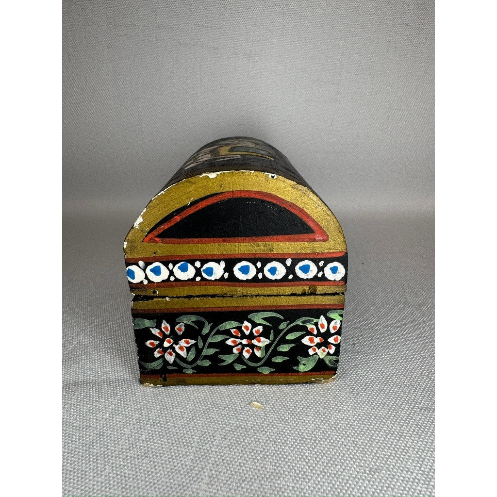 448. Vintage Hand Painted Wooden Elephant Trinket Box Black