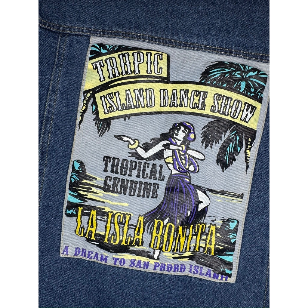 486. Vintage Tropical World Little Island Denim Patch Jacket