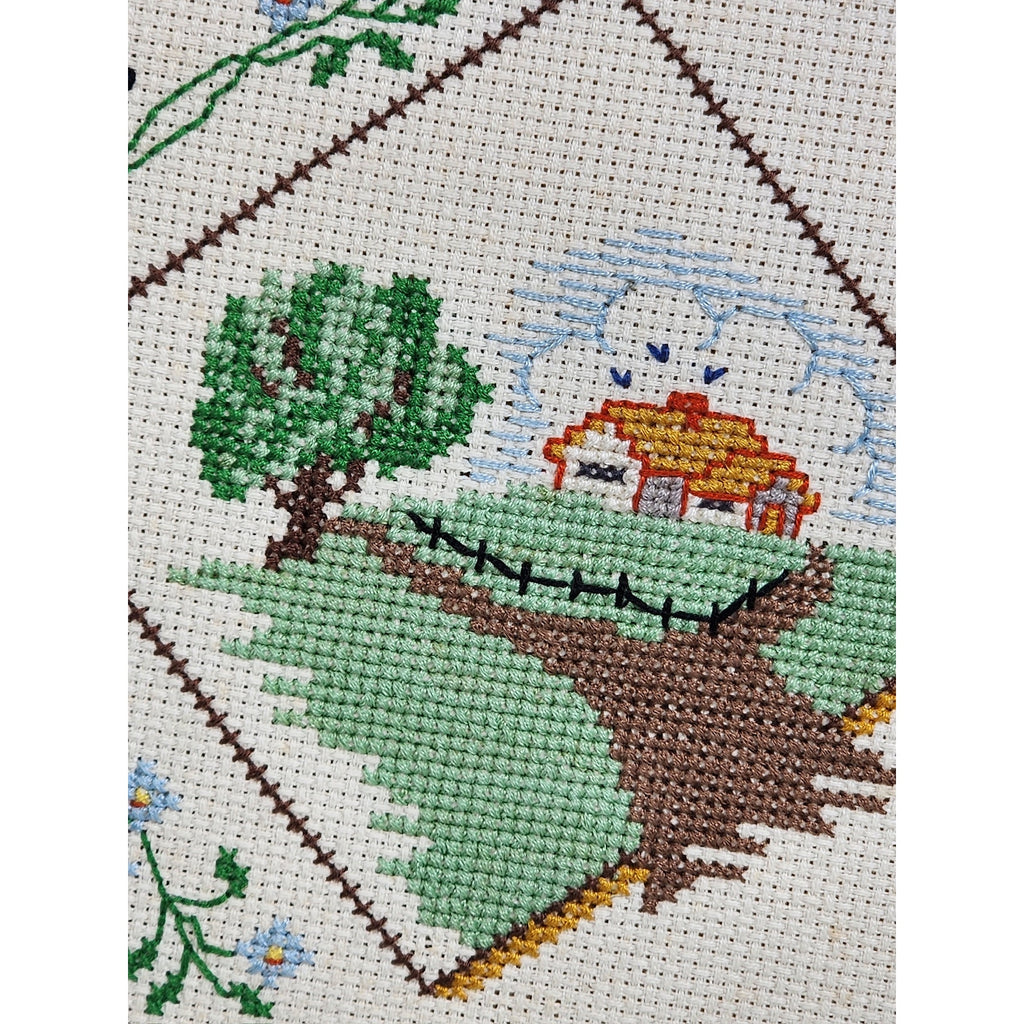 525. Framed Handcrafted Cross Stitch Bluebirds Landscape Wall Art