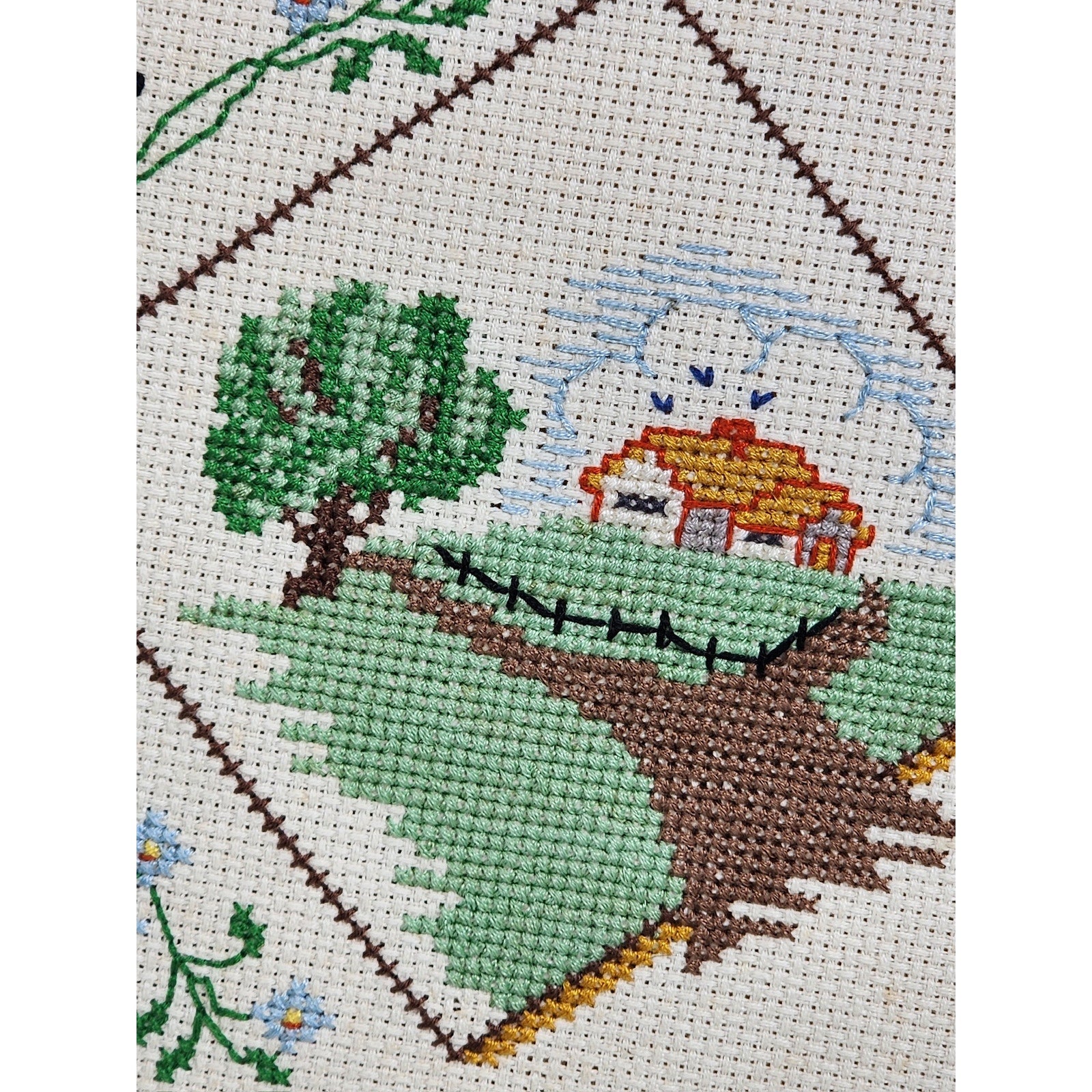 525. Framed Handcrafted Cross Stitch Bluebirds Landscape Wall Art