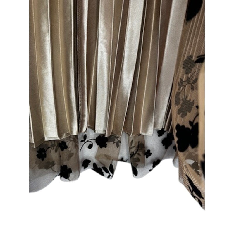 480. Beige Black Floral Pleated Mesh Midi Skirt Size L