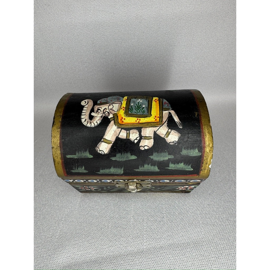 448. Vintage Hand Painted Wooden Elephant Trinket Box Black