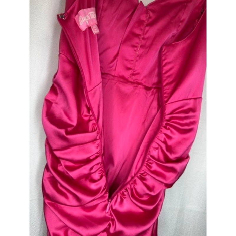 375. Sugar Thrillz Hot Pink Satin Ruched Bodycon Mini Dress Size XXS