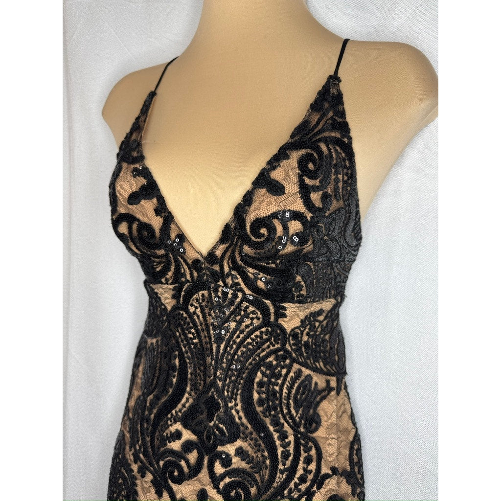 434. Free People Sequin Lace Slip Dress Beige Black Size 0