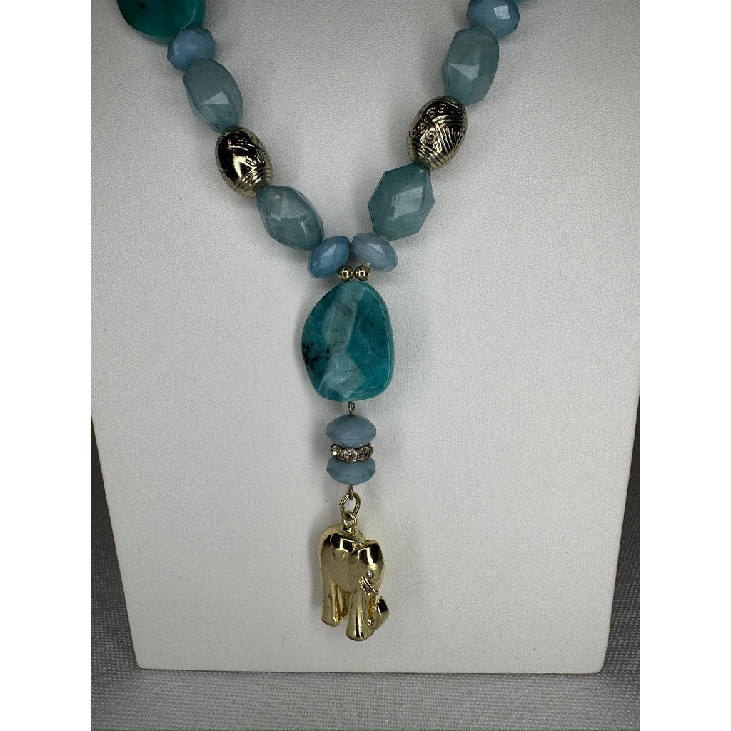 447. Blue Aqua Beaded Statement Necklace Gold Tone Elephant Charm