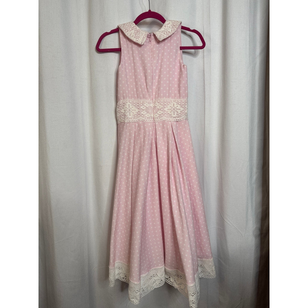346. Beautiful Handmade Pink Polka Dot Lace Trim Dress