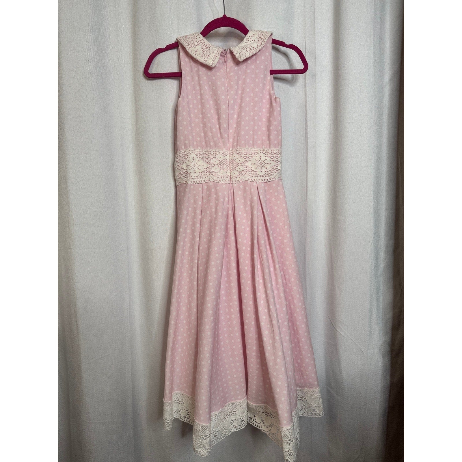 346. Beautiful Handmade Pink Polka Dot Lace Trim Dress