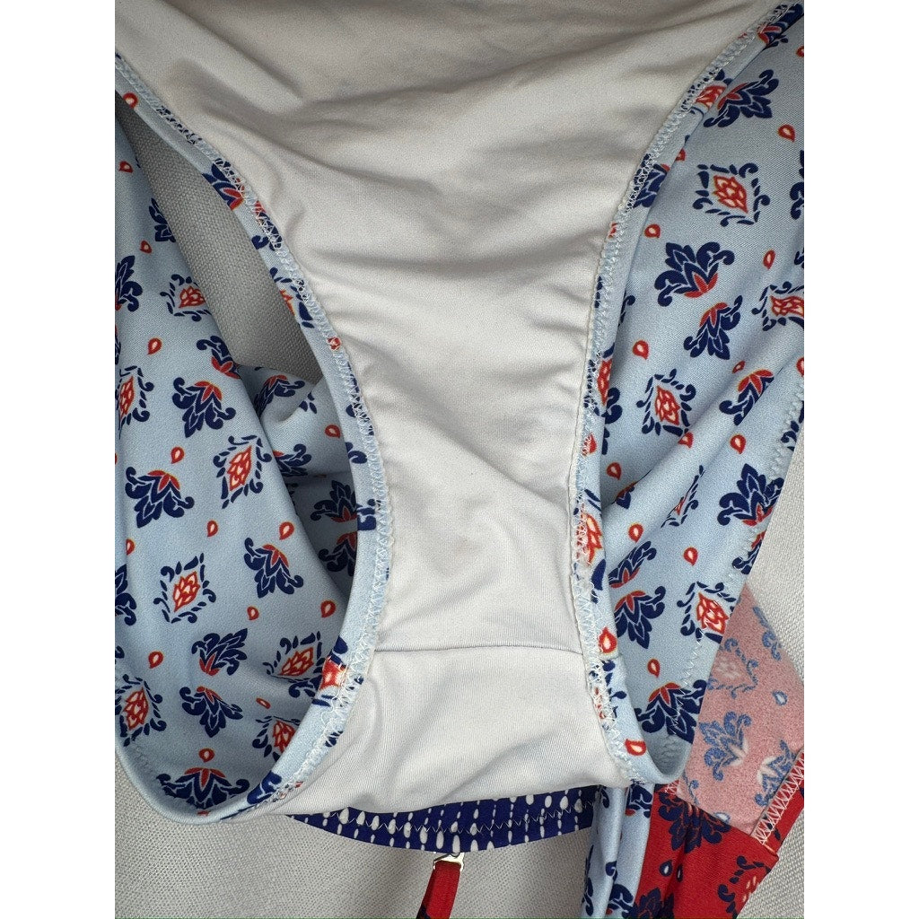 374. Cupshe Cutout One Piece Swimsuit Blue Red Geometric Print Size M