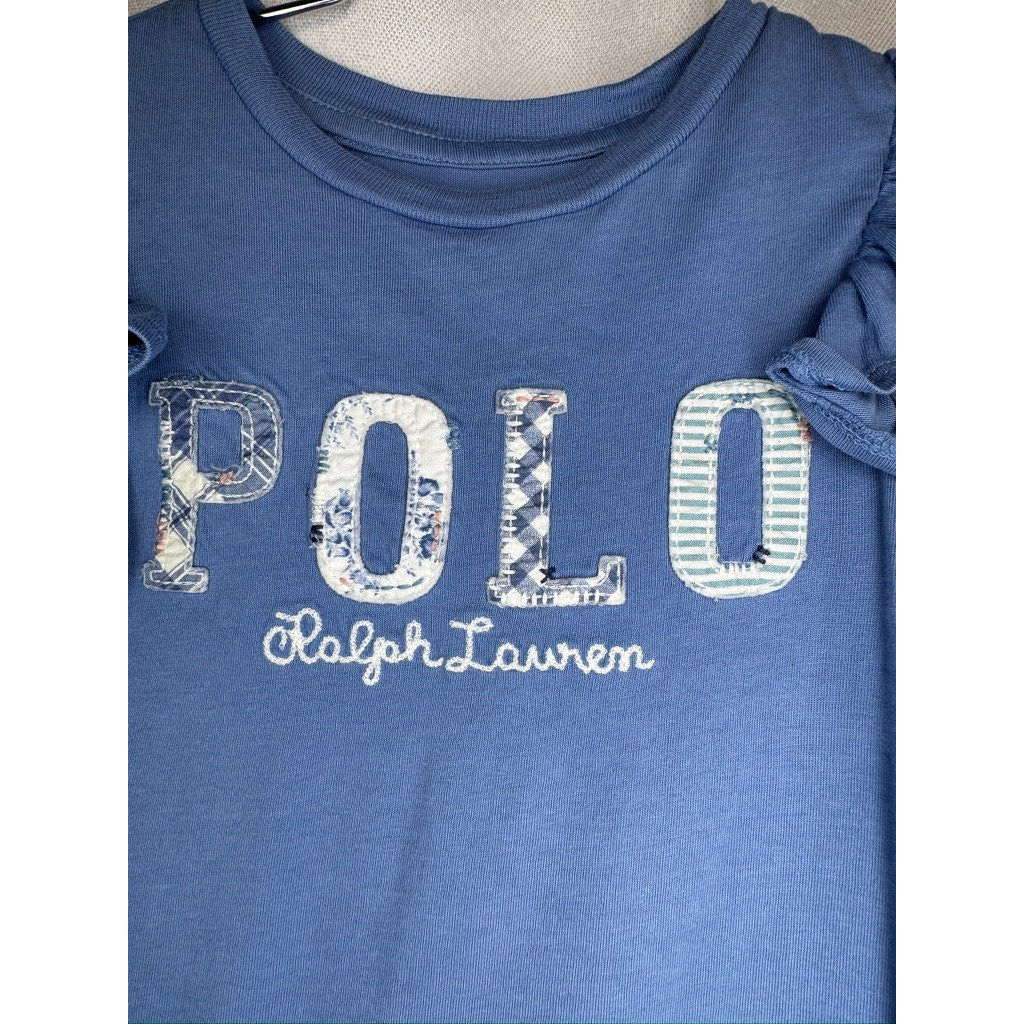 458. Polo Ralph Lauren Logo Ruffle Hem Dress Girls Size 4 Blue