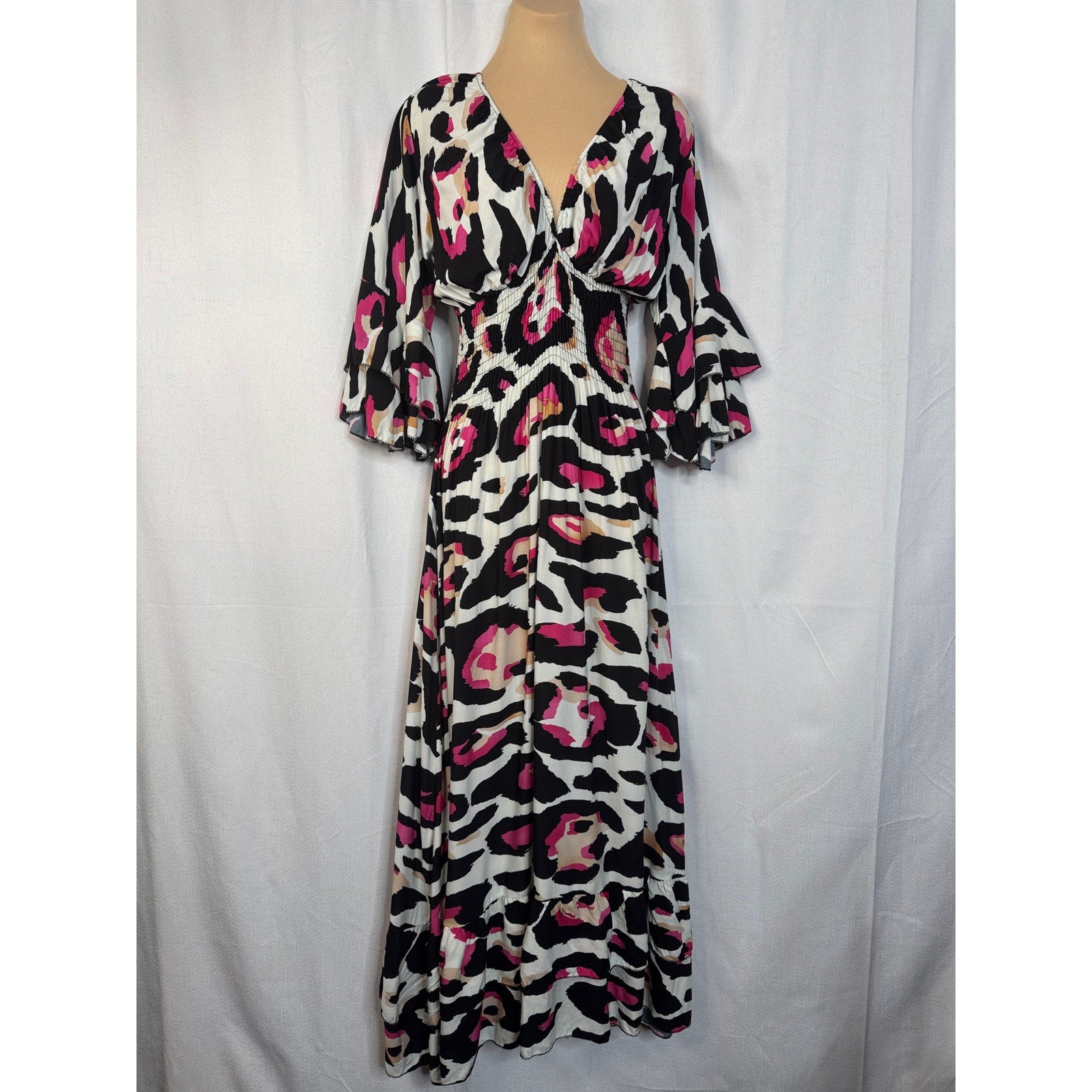 352. Made in Italy Pink Leopard Print Smocked Maxi Dress