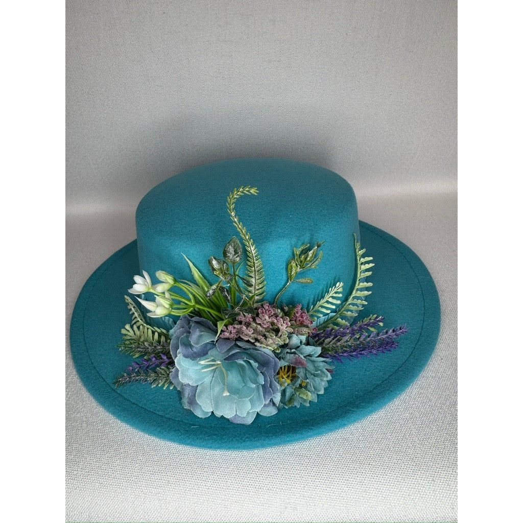 450. Teal Floral Derby Boater Hat Wide Brim One Size