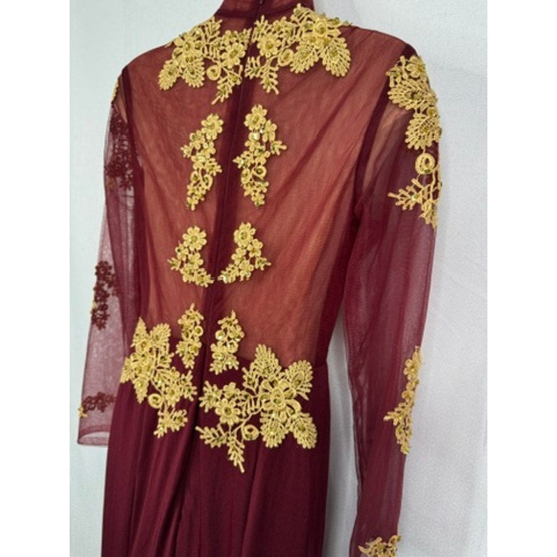 580. Burgundy Gold Lace Mermaid Formal Evening Gown Long Sleeve Small