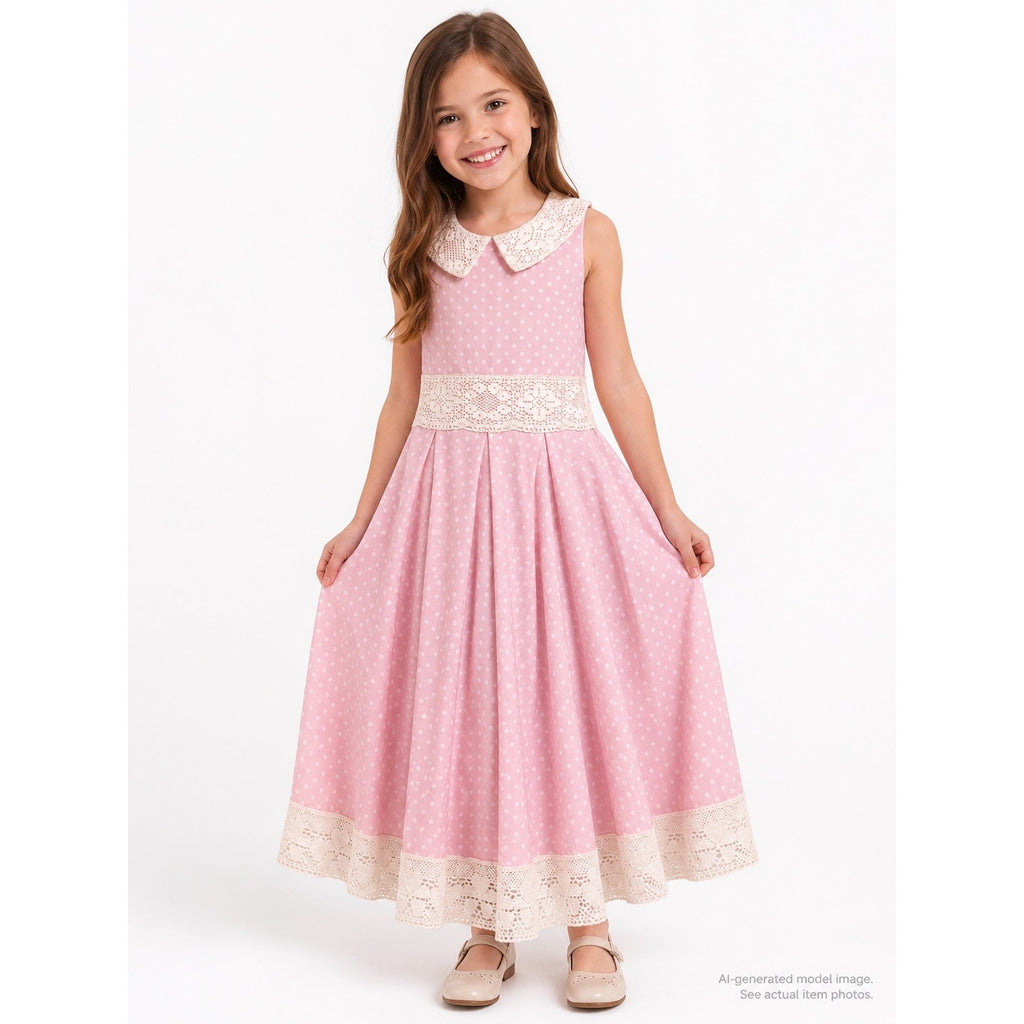 346. Beautiful Handmade Pink Polka Dot Lace Trim Dress