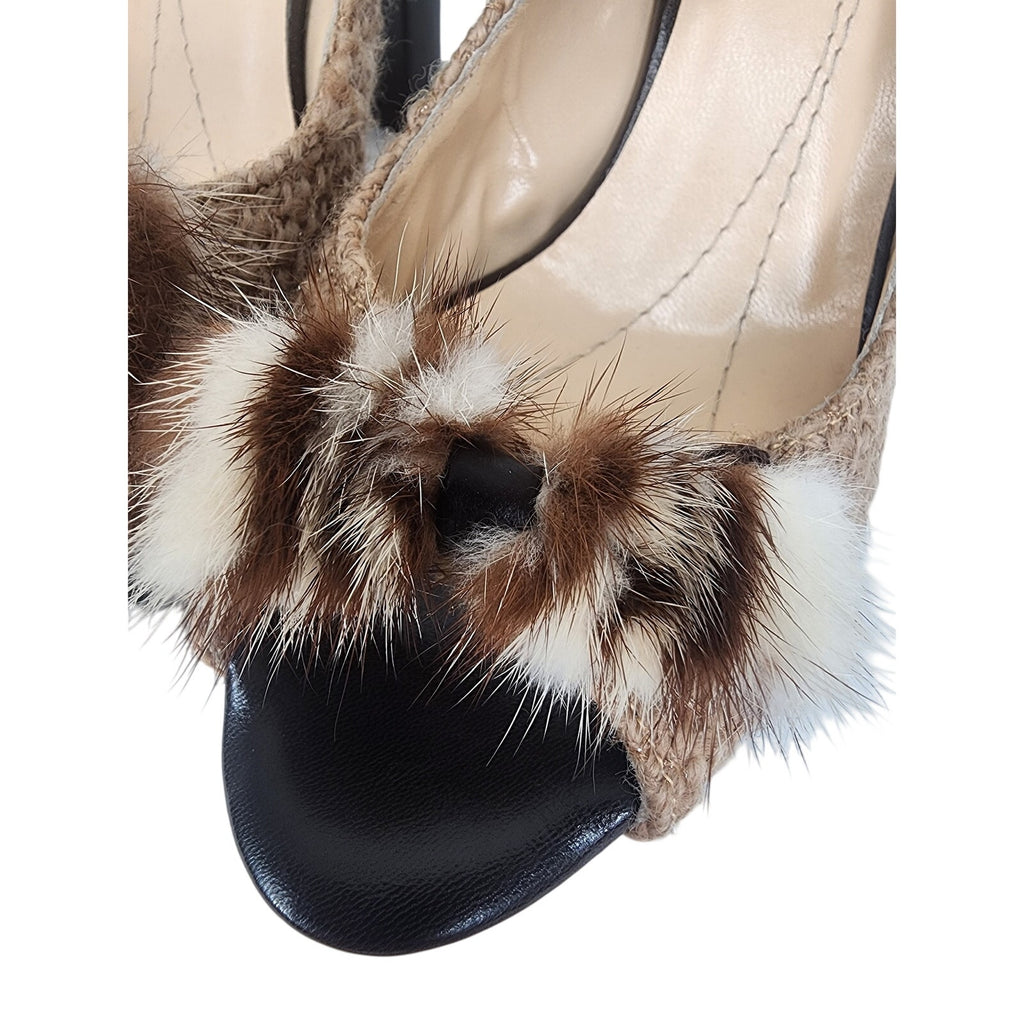 507. Kate Spade Woven Fur Trim Slingback Heels Size 6B Made in Italy