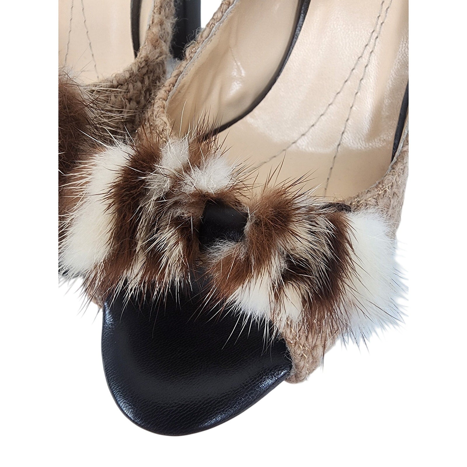 507. Kate Spade Woven Fur Trim Slingback Heels Size 6B Made in Italy