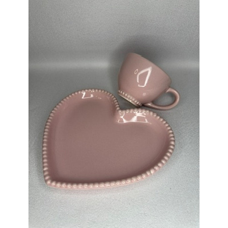 446. Marbelli Pink Heart Mug Plate & Spoon Snack Set NWOT