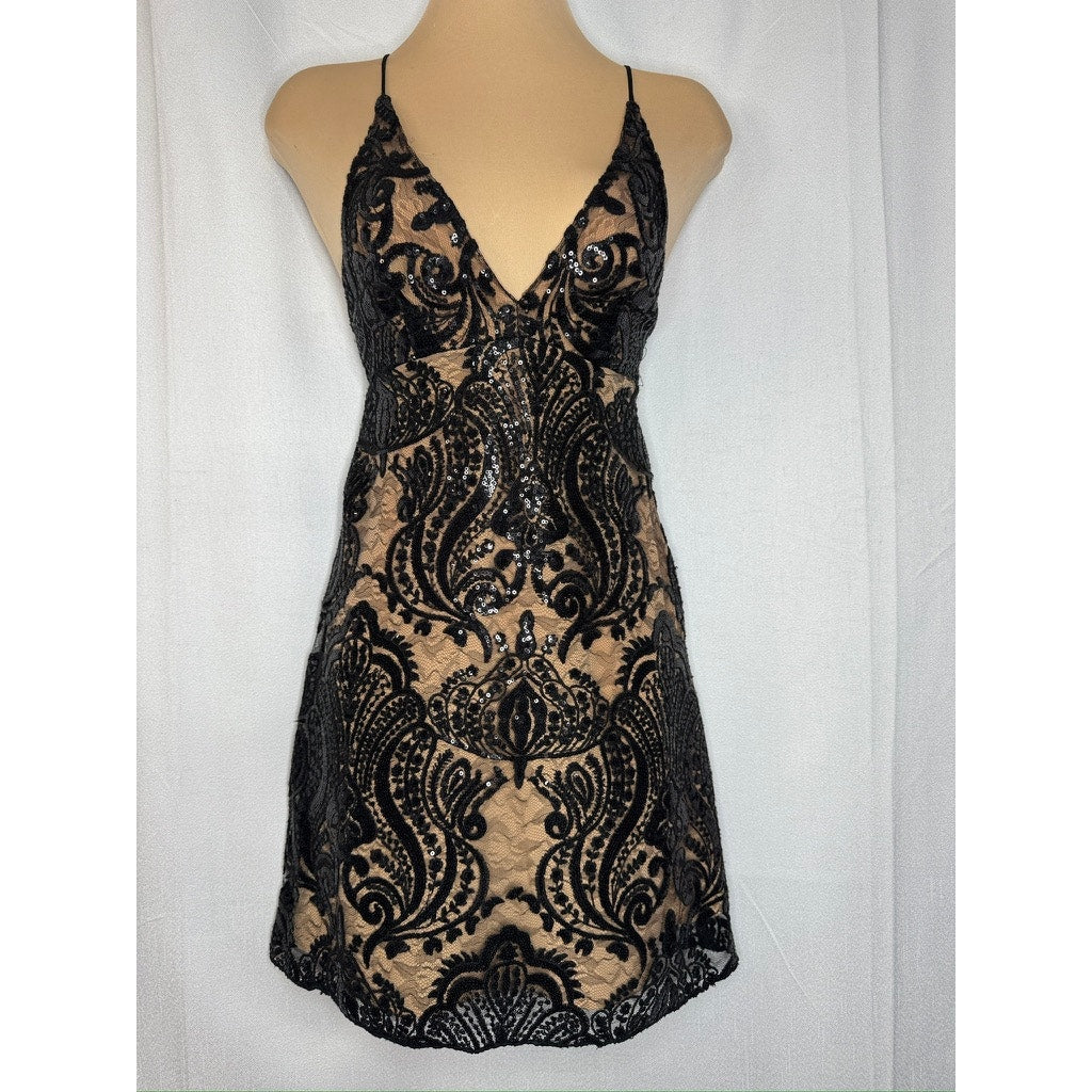 434. Free People Sequin Lace Slip Dress Beige Black Size 0