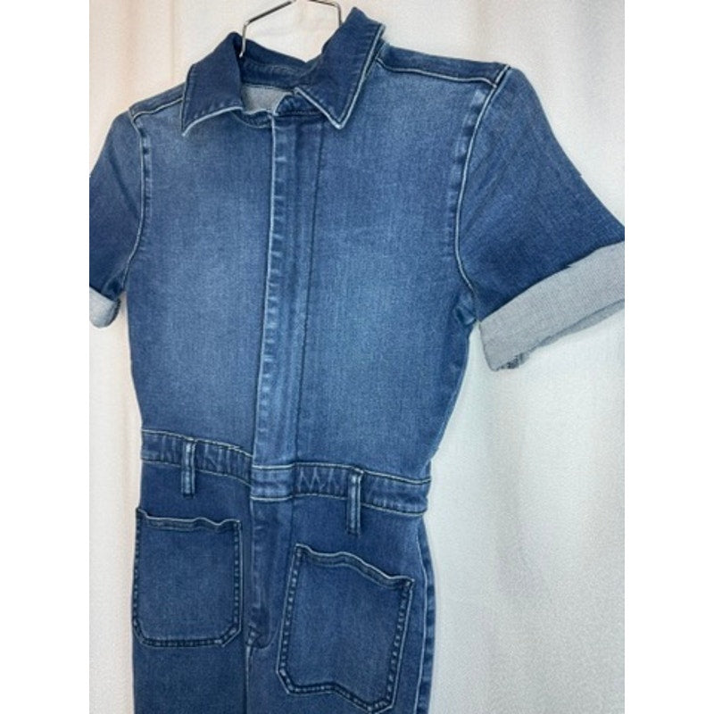 369. Second Skin Overalls Denim Zip Front Short Sleeve Jumpsuit XS