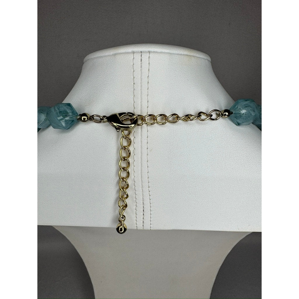 447. Blue Aqua Beaded Statement Necklace Gold Tone Elephant Charm