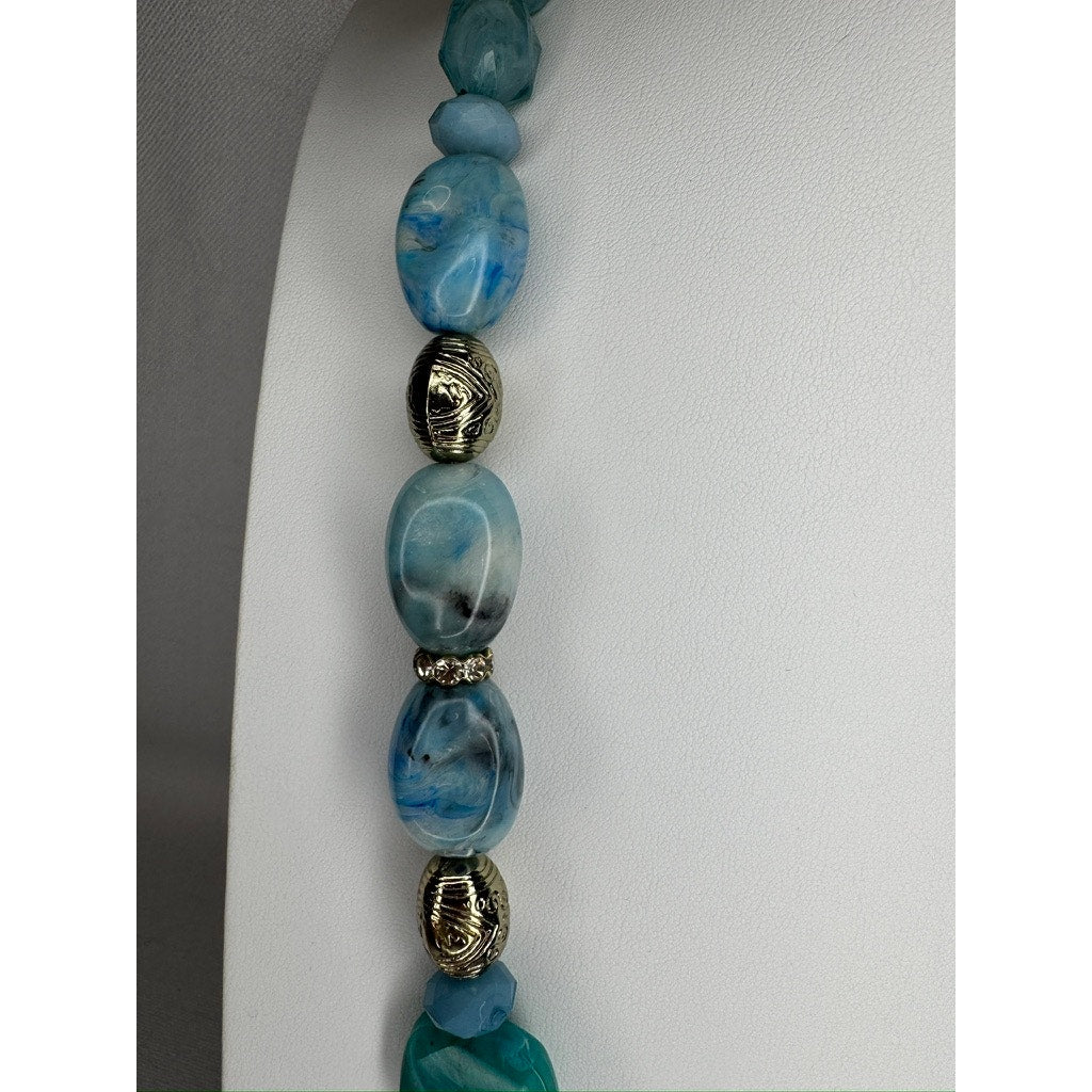 447. Blue Aqua Beaded Statement Necklace Gold Tone Elephant Charm