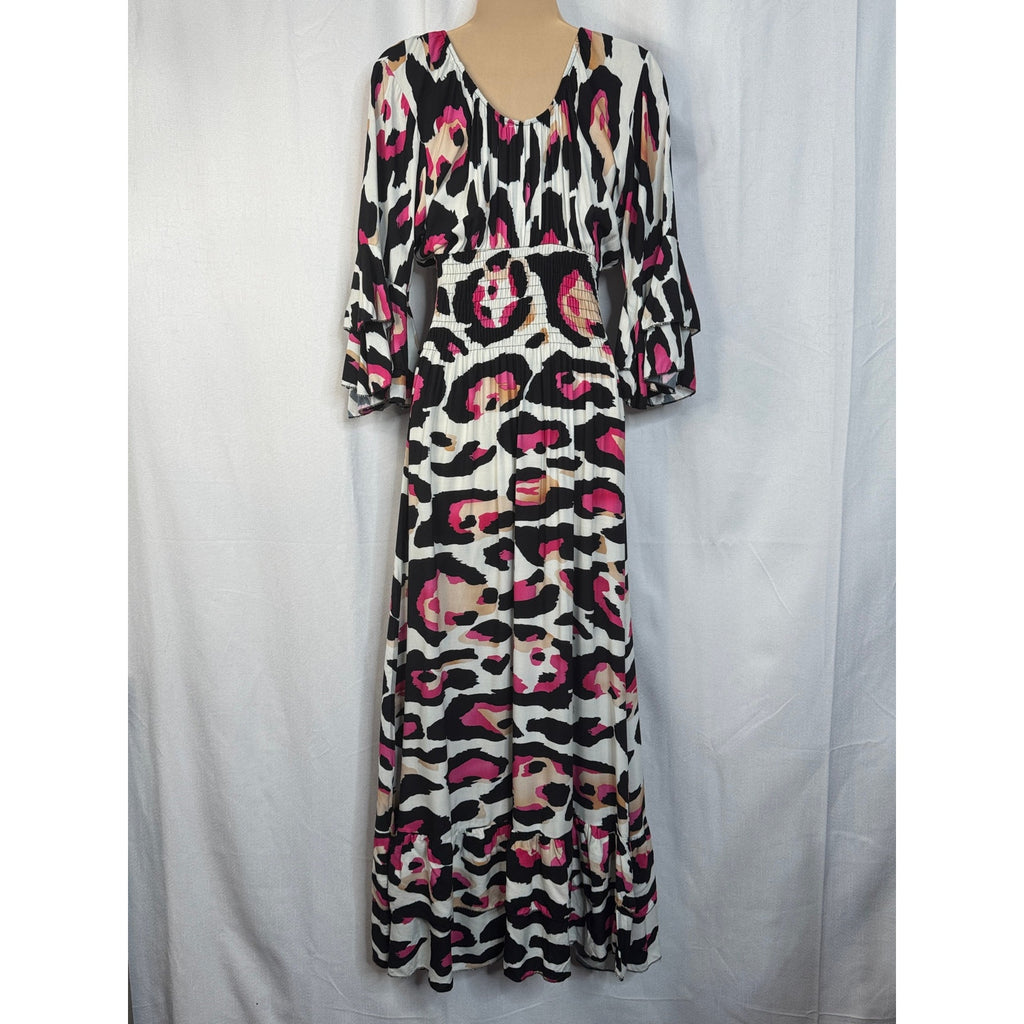 352. Made in Italy Pink Leopard Print Smocked Maxi Dress