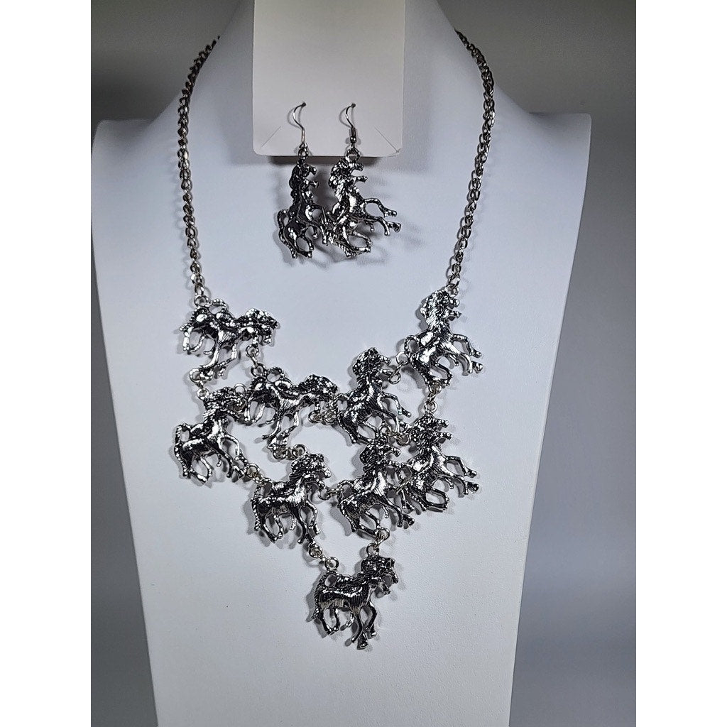 524. Silver Tone Running Horse Statement Necklace & Earrings Set