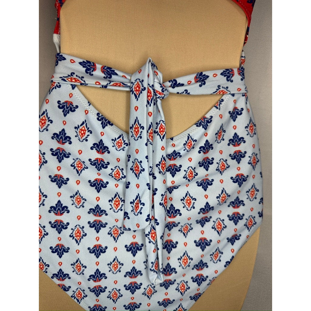 374. Cupshe Cutout One Piece Swimsuit Blue Red Geometric Print Size M